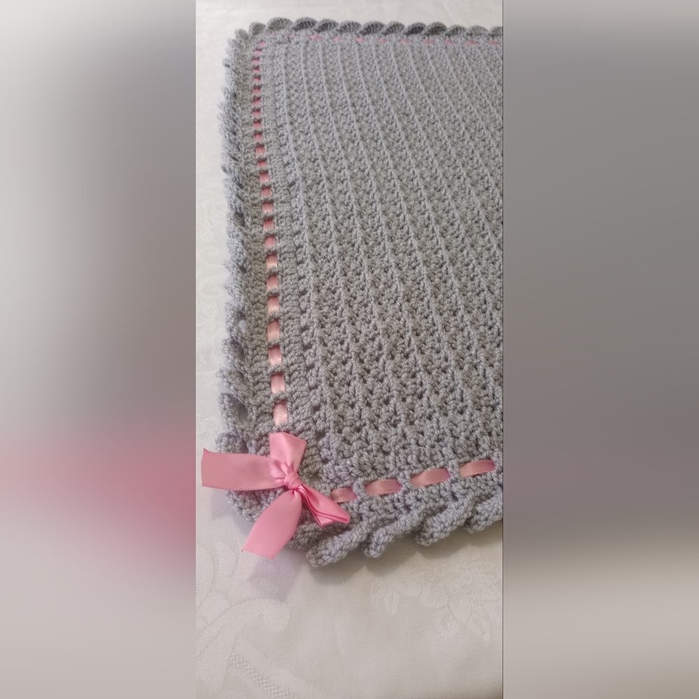 Gray Crochet Blanket with Pink Accents